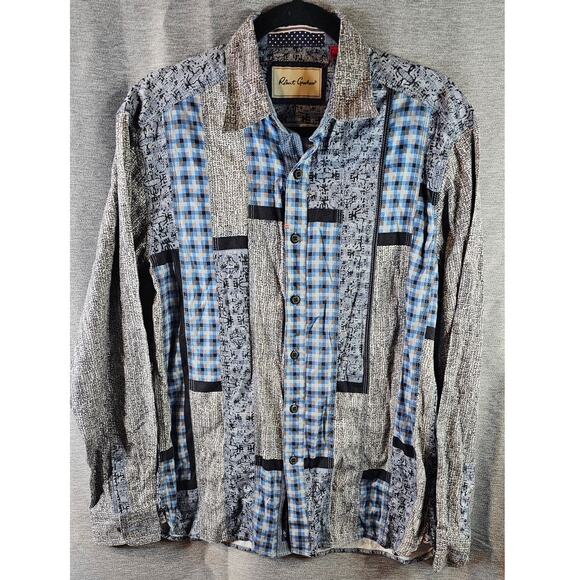 Robert Graham Knowledge Wisdom Truth Patch Pattern Shirt Blue/Gray Sz M - Picture 1 of 8